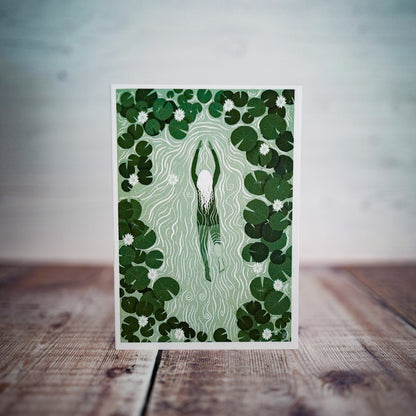 Jago Illustration Green Water Lily Swimmer Greetings Card