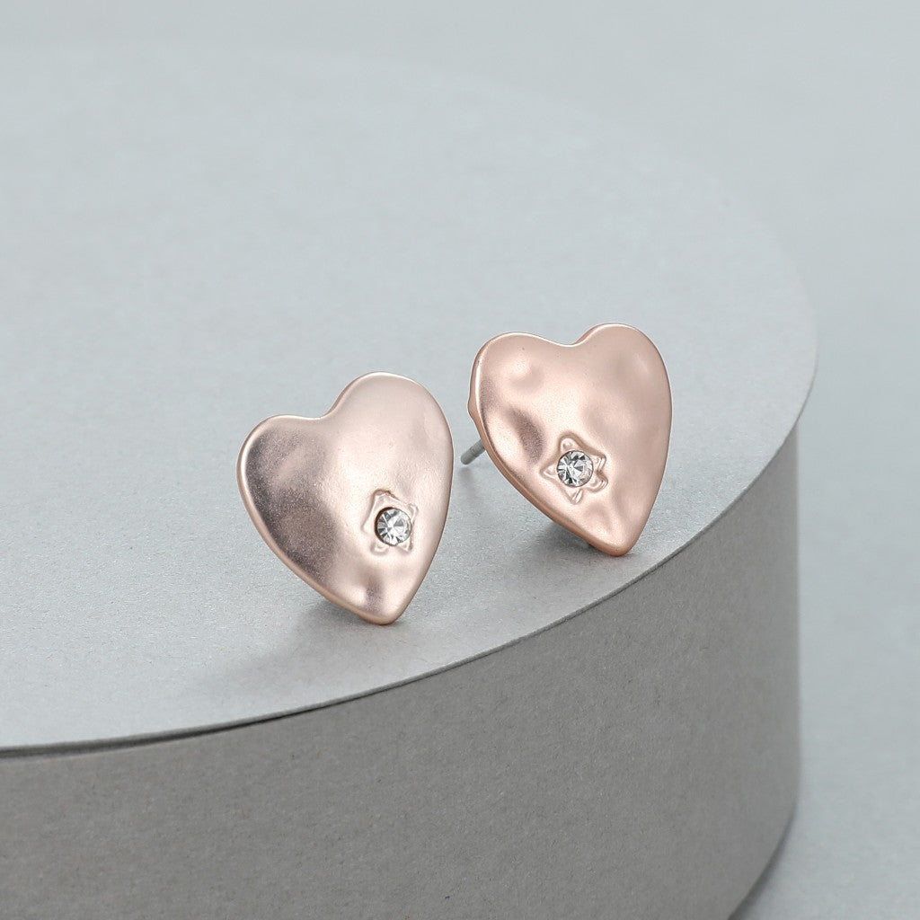 Gracee Jewellery Hammered Rose Gold Heart & Gem Earrings